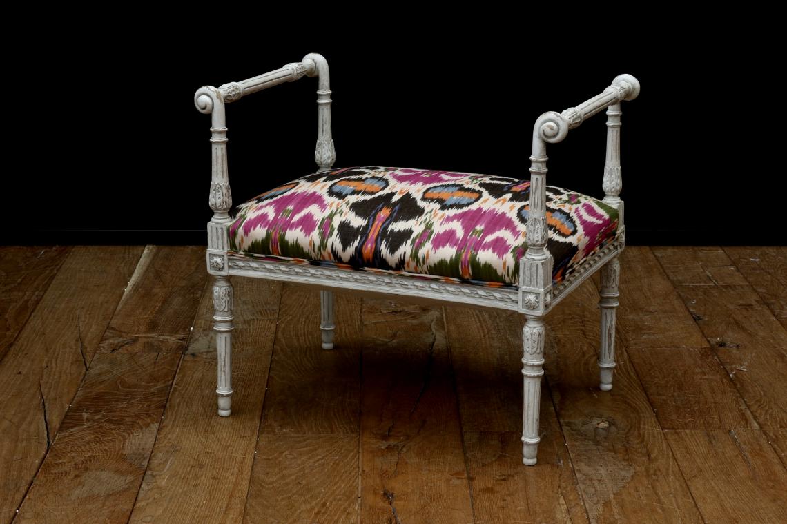 Directoire Footstool with Gorgeous Silk Ikat Fabric